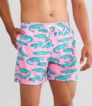 Chubbies Mens Medium The Glades 5.5" Swim Trunks Pink Green Alligator Crocodile